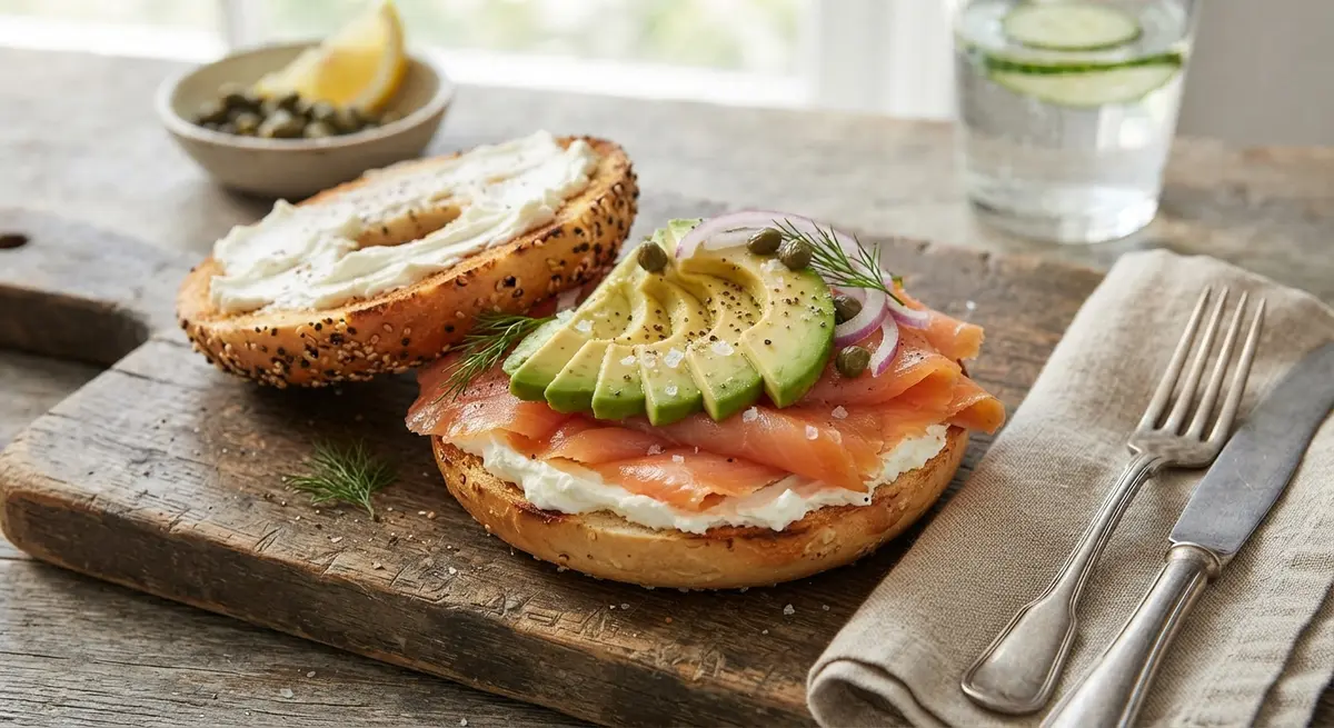 Smoked Salmon Cream Cheese Avocado Bagel
